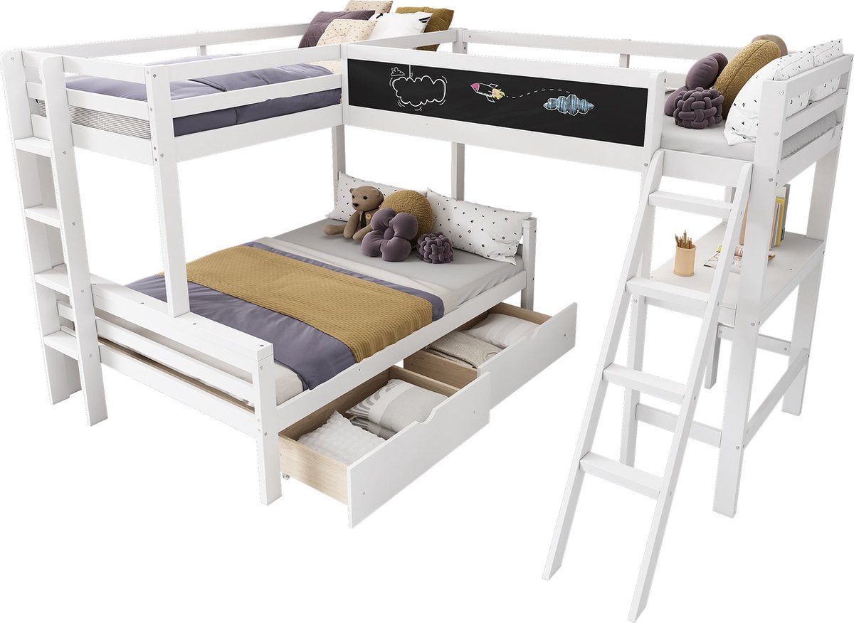 Merax Hoogslaper voor Drie Kinderen - Stapelbed met Schuiflades - Bureau en Opbergrek - 140x200 cm en 90x200 cm - Wit