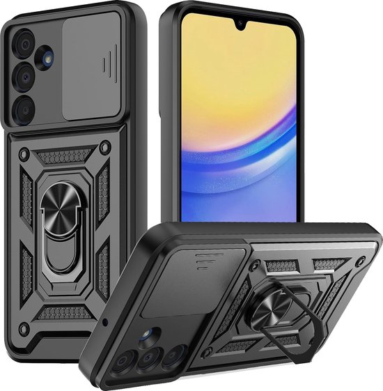 Casemania Hoesje Geschikt voor Samsung Galaxy A16 - Zwart - Anti-Shock Hybrid Armor met Kickstand Ring met Camera Bescherming - Schokbestendige Back Cover met Standaardfunctie