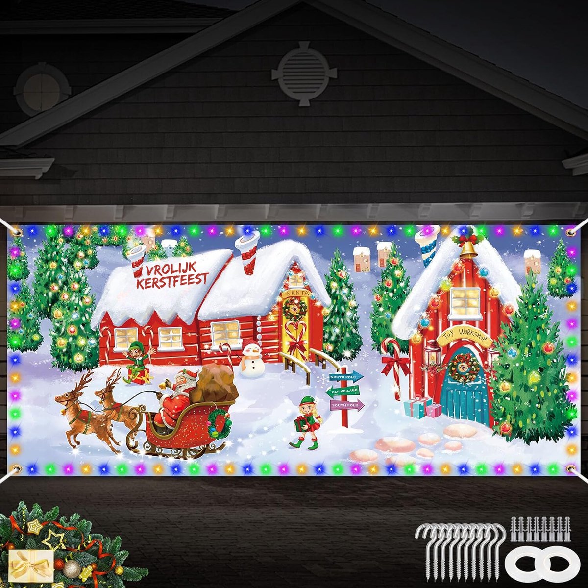 Vrolijke Kerstgaragedeurbanner 7x16ft Met LED Lichten - Sneeuwpop En Santa Decor Voor Een Feestelijke Achtergrond!