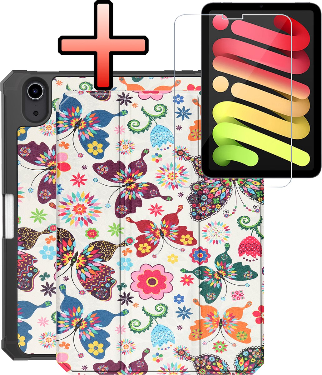 Hoes - Geschikt voor Apple iPad Mini 7 (2024) - 8.3 inch - 7e Generatie - Met Screenprotector - Trifold Bookcase - Hard Cover Case - Met Uitsparing Geschikt voor Apple Pencil - Hardcover Book - Tablet Hoesje - Vlinders