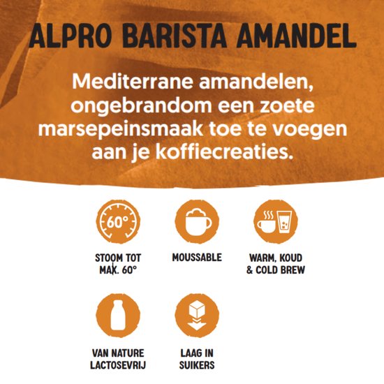 Alpro Barista Amandel. Mediterrane amandelen, ongebrand voor zoete marsepeinsmaak in koffie. Stoombaar tot 60°C, mousseerbaar, warm/koud, lactosevrij, laag in suikers.