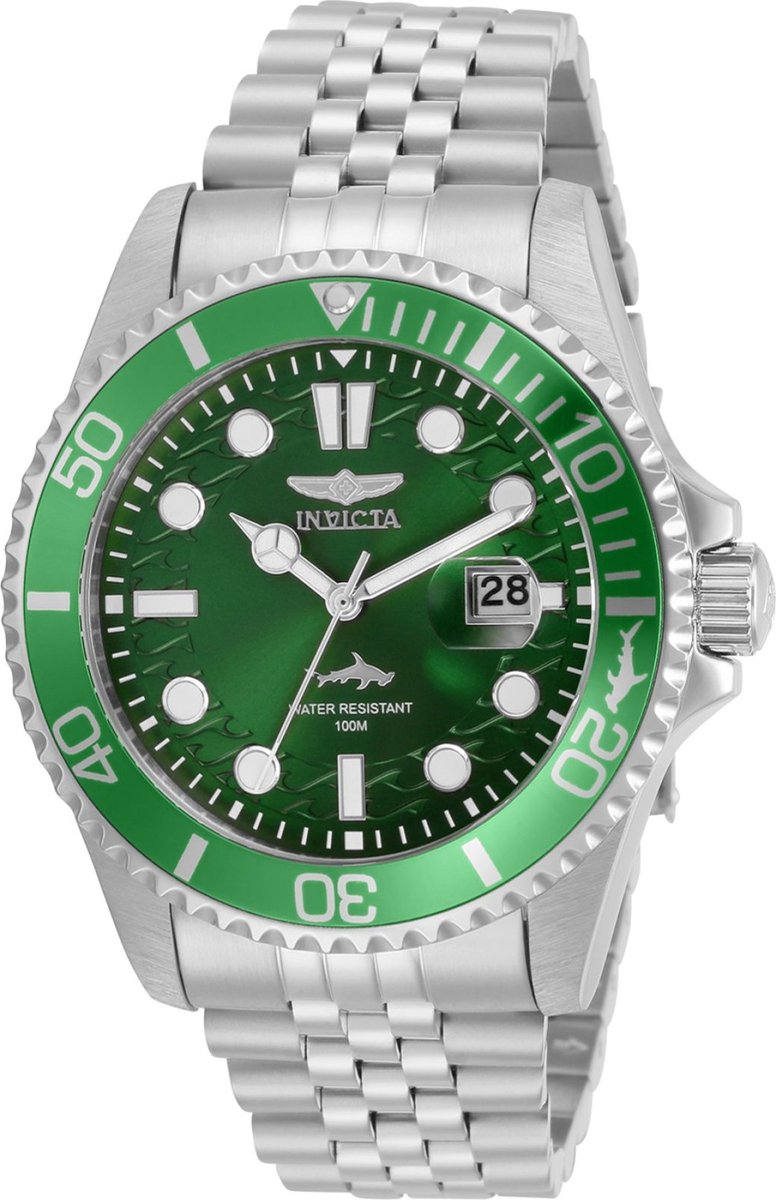 Invicta Pro Diver 30611 Heren Horloge - Waterdicht - Analoog - Quartz Uurwerk - Roestvrij Staal met groene Wijzerplaat - 43mm