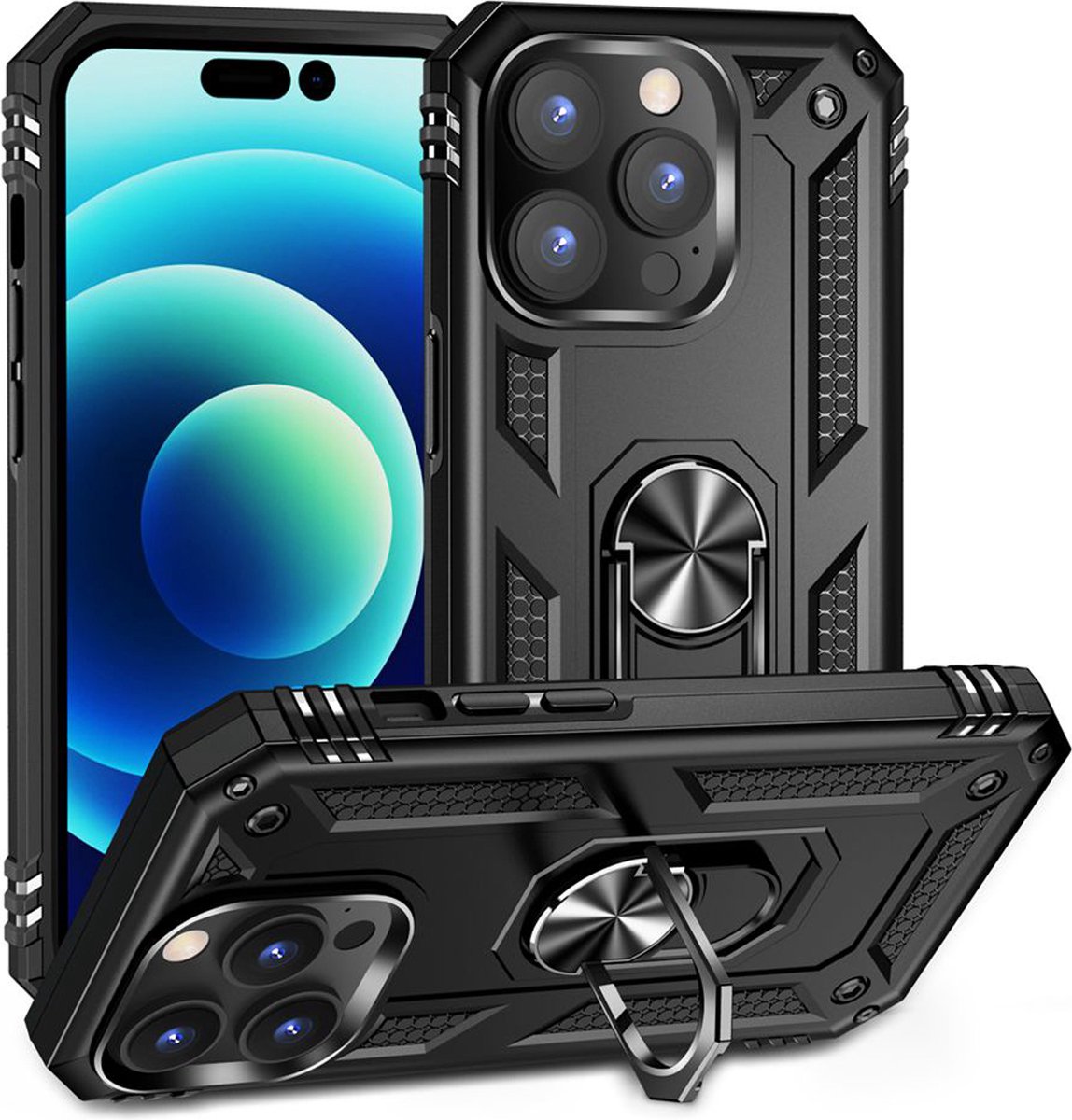 MobyDefend Hoesje - Geschikt voor iPhone 14 Pro - Pantsercase Met Draaibare Ring - Zwart