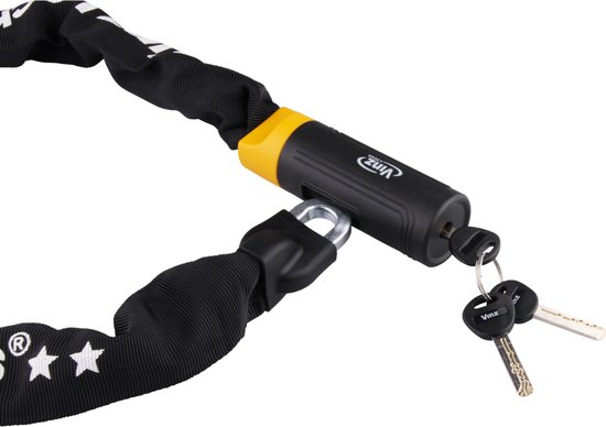 Zwart Vinz Locks kettingslot met sleutel in het slot. Witte sterren op de ketting en een gele afsluiting.