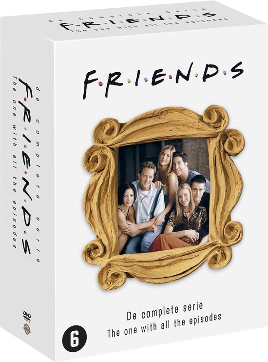 DVD box van Friends. Cast in gouden lijst. "F.R.I.E.N.D.S De complete serie The one with all the episodes"