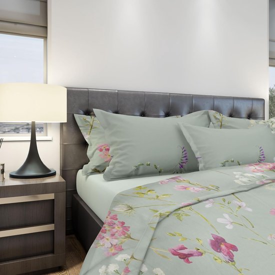Beddengoed 135 x 200 cm, dekbedovertrek 2 pièces - parure de lit 135 x 200 cm avec 1 taie d'oreiller 80 x 80 cm, coton respirant avec fermeture éclair, parure de lit vert, gris, fleuri, doux et