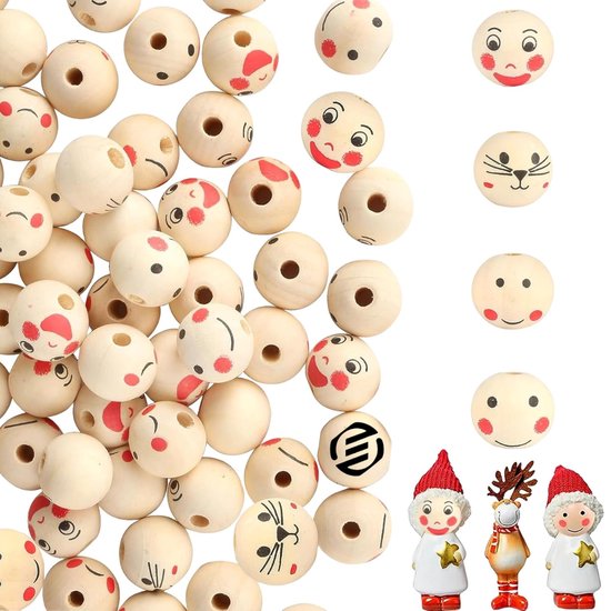 80 Pièces Perle En Bois Naturel 20mm,Perles En Bois Pour Le Visage,Grandes Perles En Bois
