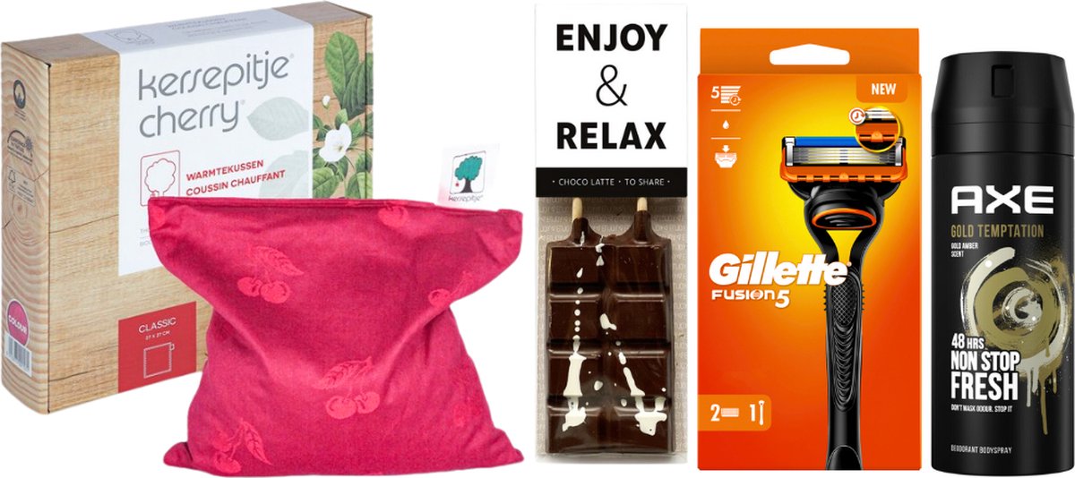 Goedkoopste Gillette Cadeauset Warme Kerst Chocolade & Warmtekussen Fushion 5 & Axe Gold - Gillette Fusion5 Apparaat 2mesjes - Axe Deo Spray 150 ml Gold Temptation - Kersepittje Warmtekussen Classic 27x27cm