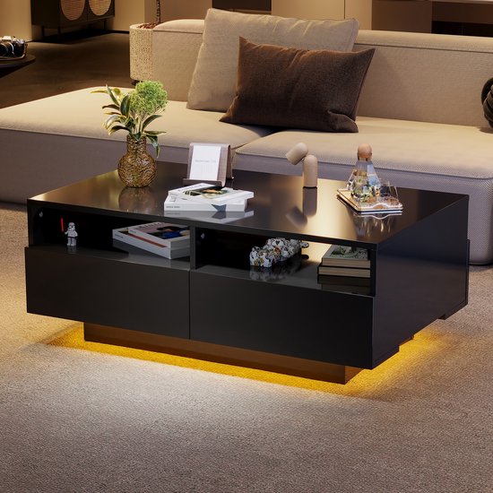 Sweiko Hoogglans Salontafel - met 2 Laden - LED-verlichting - Zwart