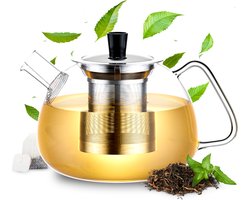 Élithé Theepot Glas 1 Liter met Filter - Glazen Teapot voor Losse Thee en Theebloemen - Theekan - Tea Maker met Zeef - Infuser - Zilver