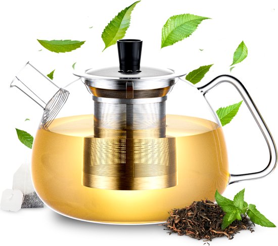 Élithé Theepot Glas 1 Liter met Filter - Glazen Teapot voor Losse Thee en Theebloemen - Theekan - Tea Maker met Zeef - Infuser - Zilver
