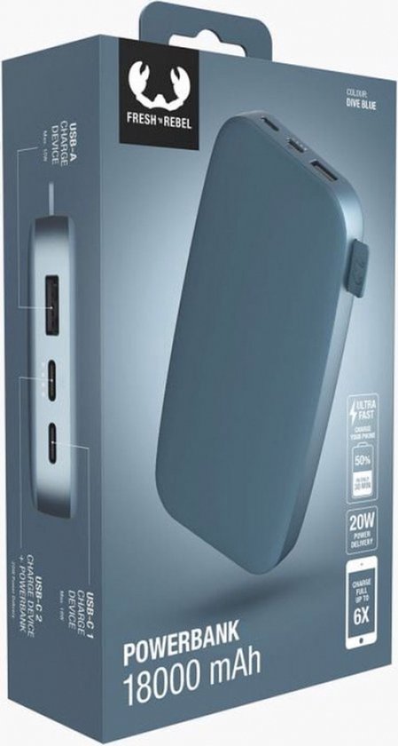 Doos met een blauwe powerbank van 18000 mAh. Close-up van de poorten en logo. Kleur: DIVE BLUE.