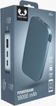 Doos met een blauwe powerbank van 18000 mAh. Close-up van de poorten en logo. Kleur: DIVE BLUE.