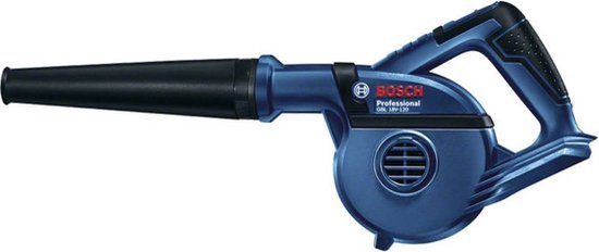 Blauwe Bosch Professional GBL 18V-120 bladblazer op witte achtergrond.