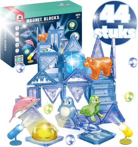 BoefieBoef Magnetisch Speelgoed - 44-delig Zee & Pool Dieren Magnetic Tiles - Educatief Constructiespeelgoed met Licht - Kinder Bouwblokken voor Peuter & Kleuter 3+ Jaar - Compatibel met Magna-Tiles & Magformer - jongen & meisje VerjaardagsCadeau