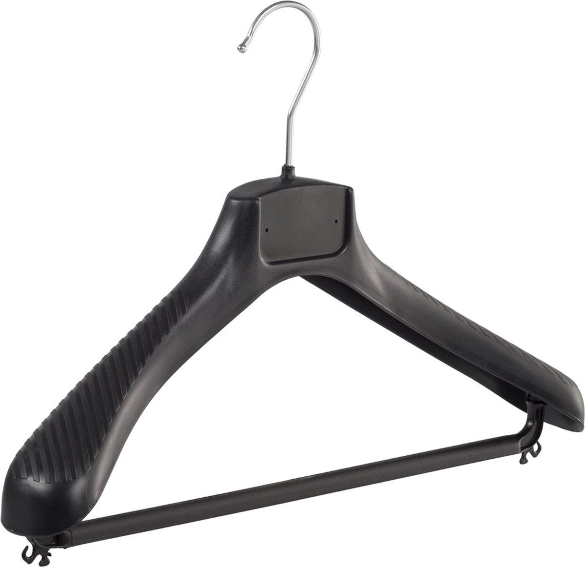 De Kledinghanger Gigant - Mantelhanger - Kostuumhanger - Jassenhanger - Volwassenen - FG39 - 20 Stuks - Kunststof - Zwart - Gebogen Model - Schouderverbreding 6 cm - Broeklat - 39 cm - Kledinghanger - Kleerhanger - FG-Serie (FG39/B_00/20)