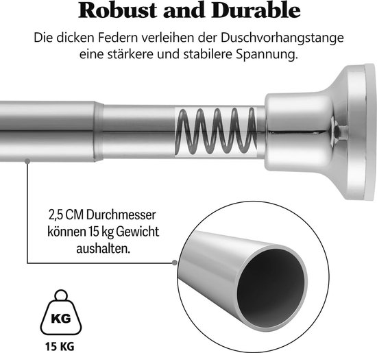 Verstelbare Douchegordijnstang Zilver - Telescopisch, Geen Boren, RVS, 74-255 cm | bol