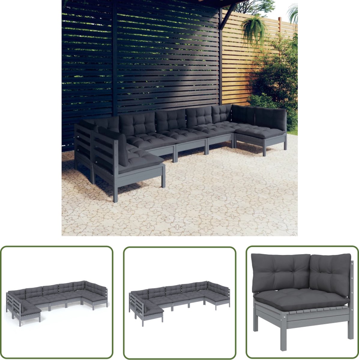 The Living Store 7-delige Loungeset met kussens massief grenenhout grijs - Loungeset - Tuinset - Houten Lounge - Buitendecor - Tuinlounge