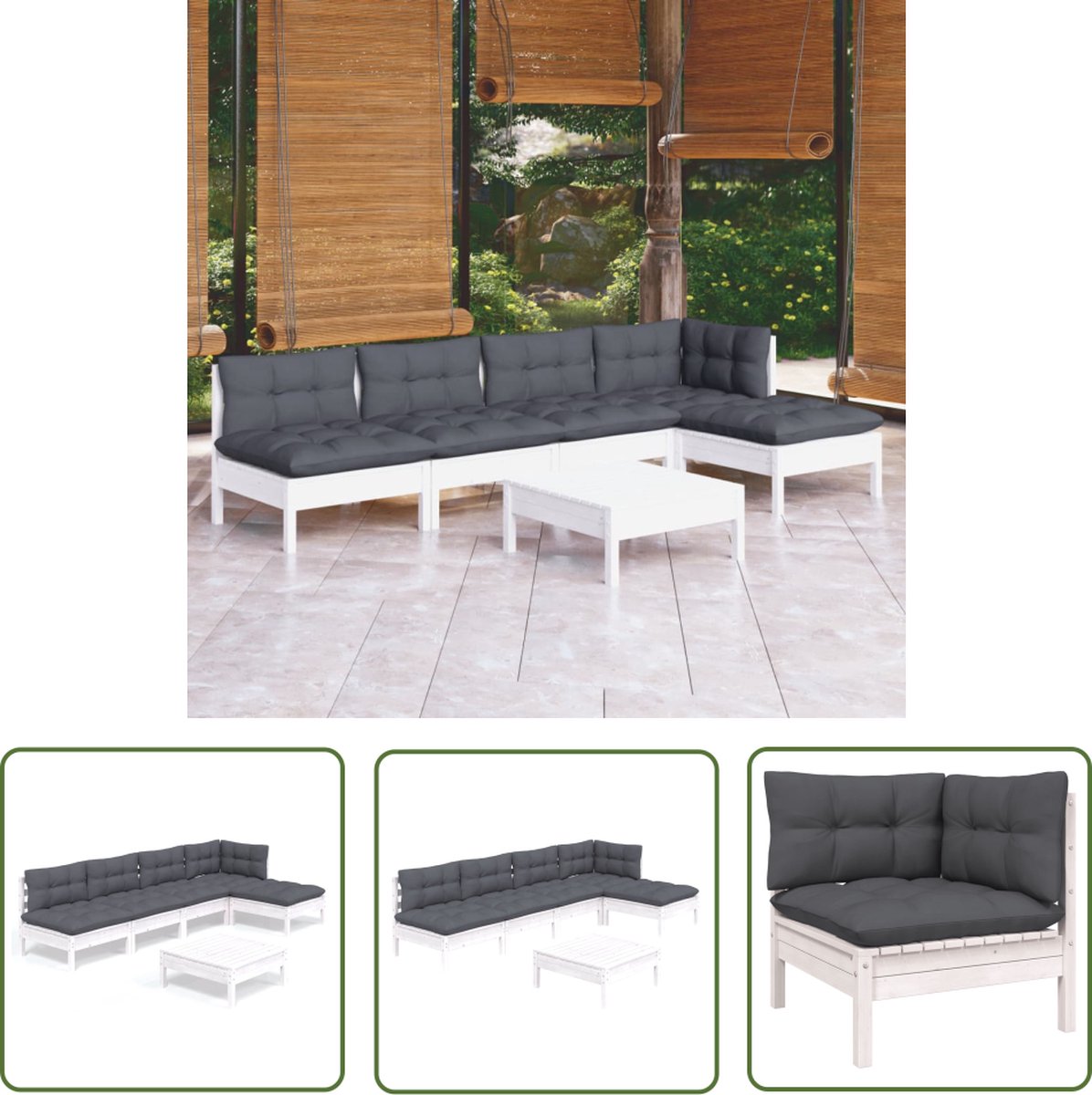 The Living Store 6-delige Loungeset met kussens grenenhout wit - Tuinmeubleset - Lounge Set - Tuinset - Hout - Grenenhout