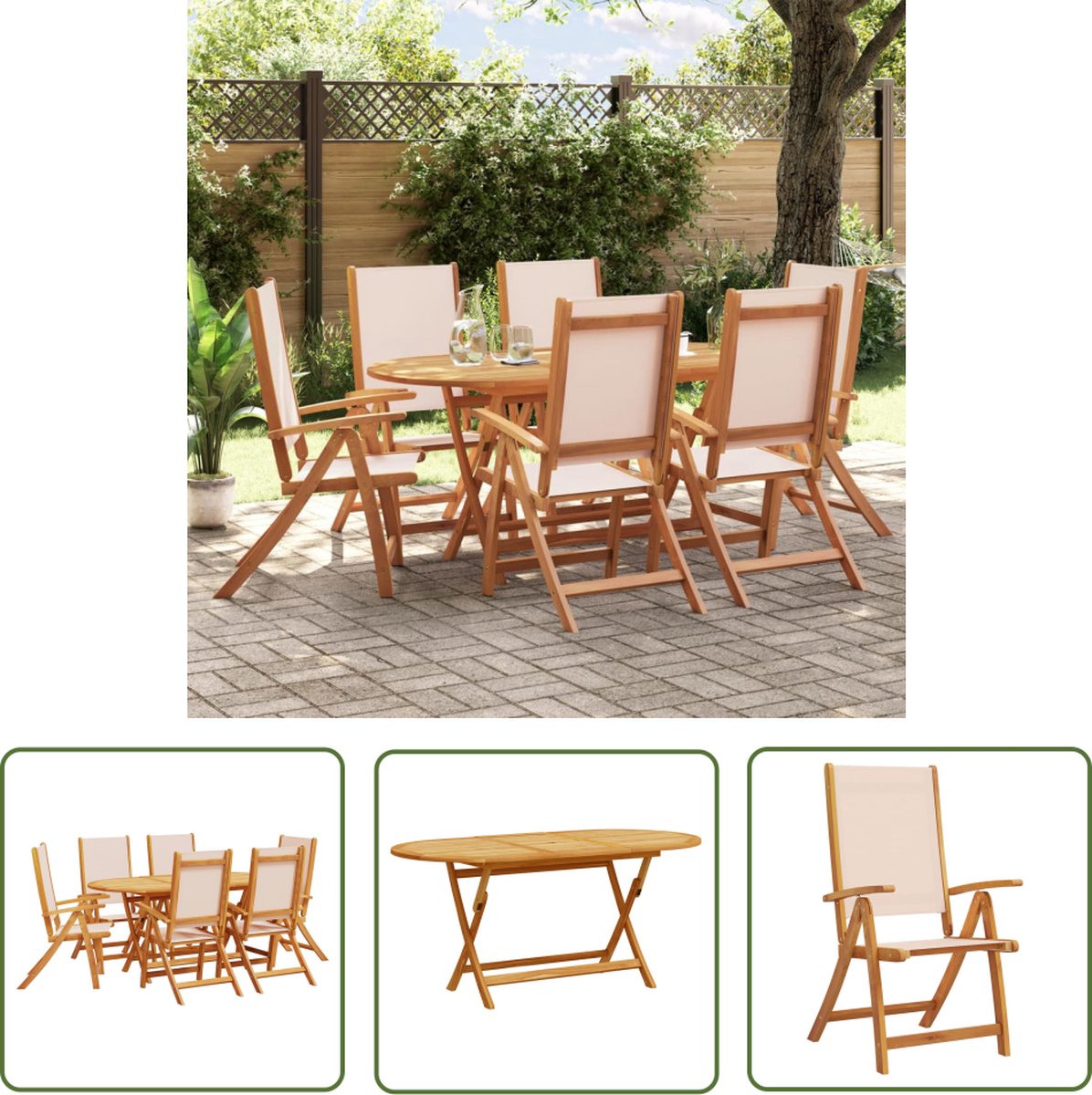 The Living Store 7-delige Tuinset massief acaciahout en textileen - Tuinmeubleset - Acacia Hout - Eetkamerset - Buitentafel - Tuinstoelen