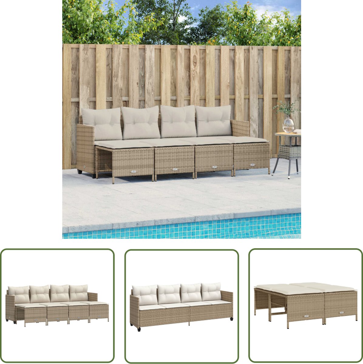 The Living Store 5-delige Loungeset met beige kussens, poly rattan.