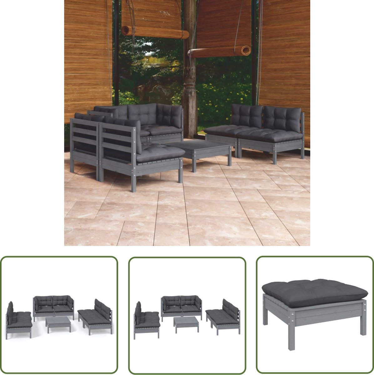 Massief grenenhouten loungeset met kussens - Tuinset met houten loungestoel.