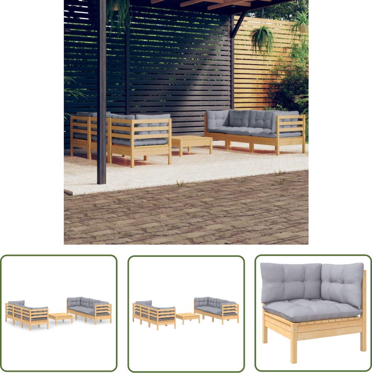 The Living Store 7-delige Loungeset met grijze kussens en grenenhout.