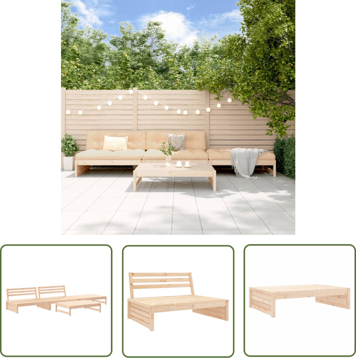 Massief grenenhouten loungeset met comfortabele kussens en tafel - Tuinmeubilair.
