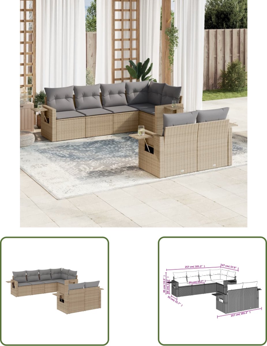 7-delige loungeset met beige kussens en poly rattan weefsel.