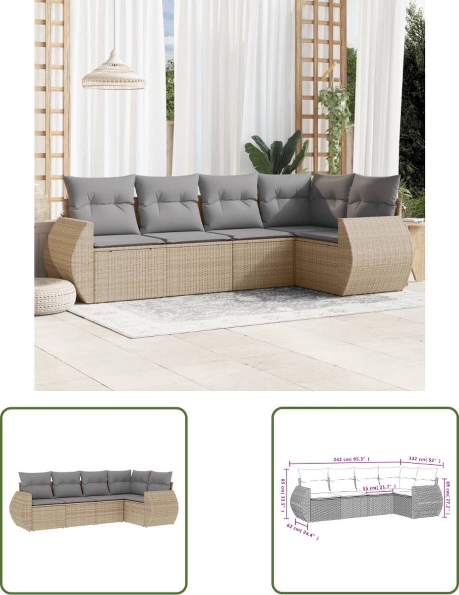 Loungeset van poly rattan in beige met kussens - The Living Store