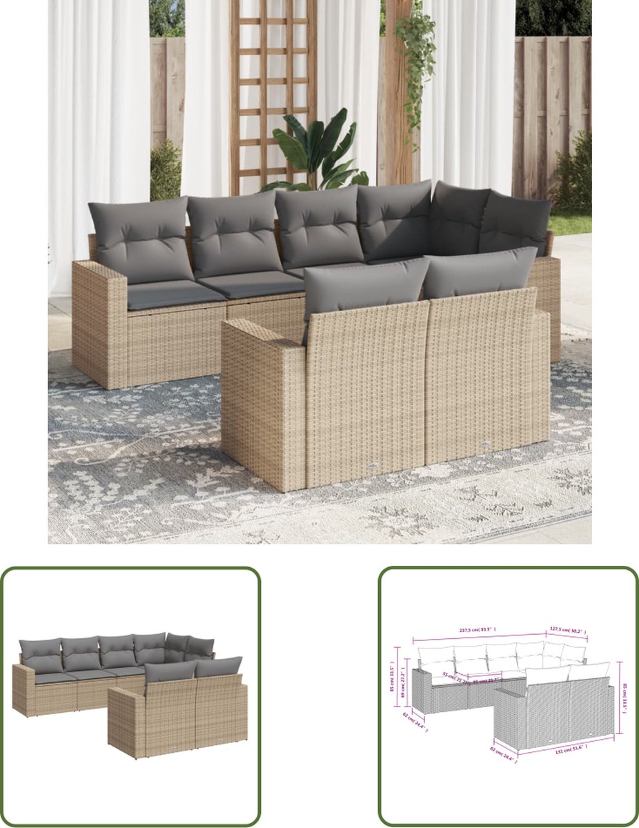 Poly rattan loungeset in beige met kussens voor tuin en terras.