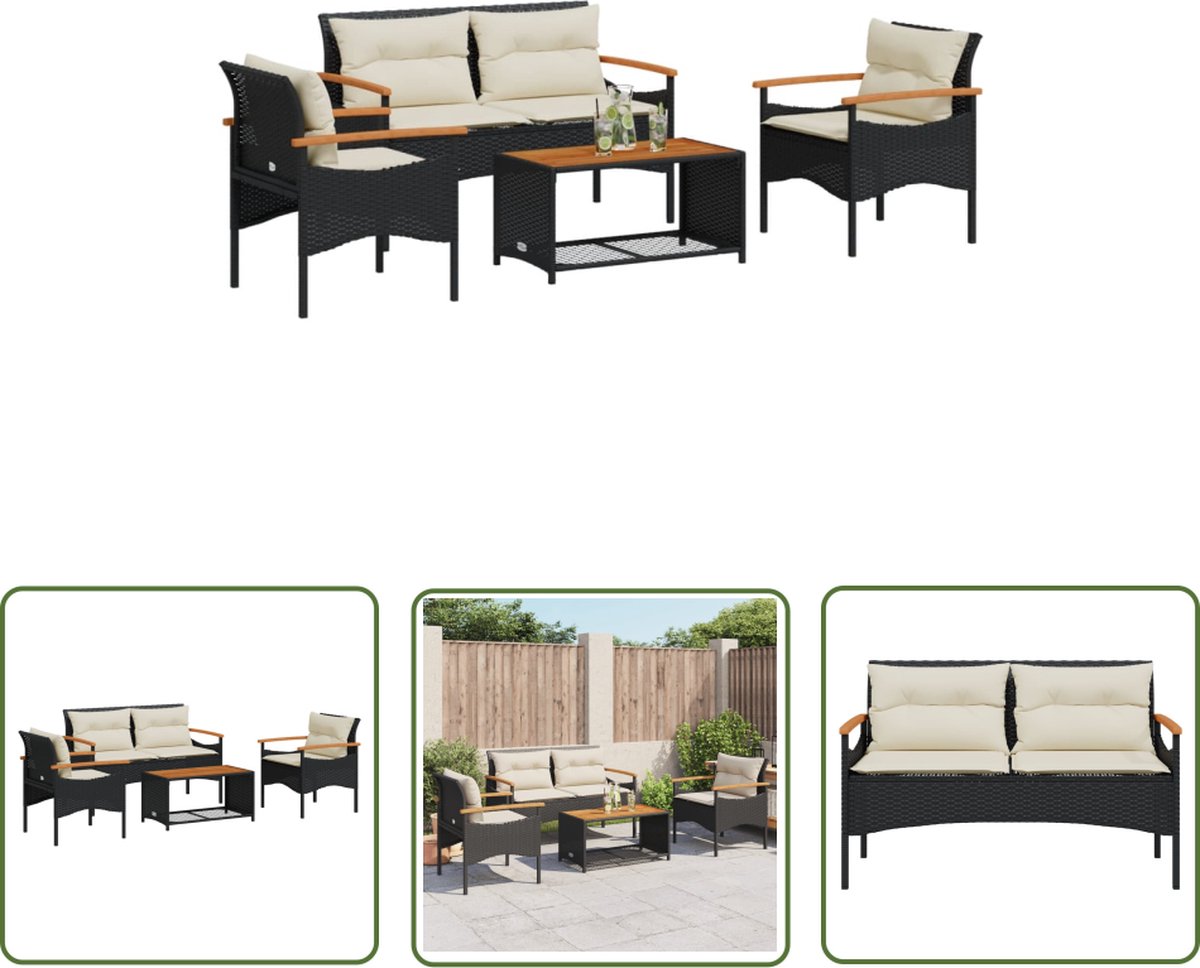 The Living Store 4-delige Loungeset met kussens poly rattan zwart - Loungeset - Tuinmeubels - Lounge Set - PE-rattan - Acacia Hout