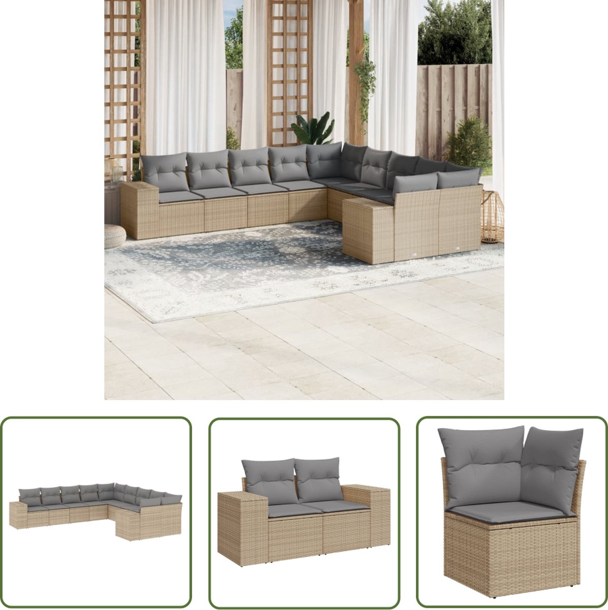 10-delige Loungeset van poly rattan in beige met kussens.