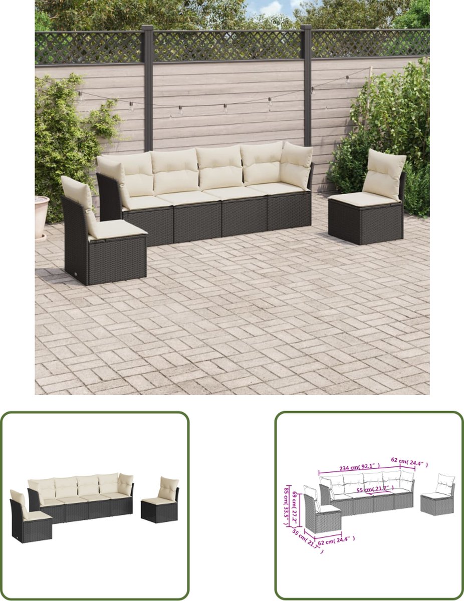 The Living Store 6-delige Loungeset met kussens poly rattan zwart - Loungeset - Tuinset - Lounge Set - Tuinmeubels - Pe Rattan