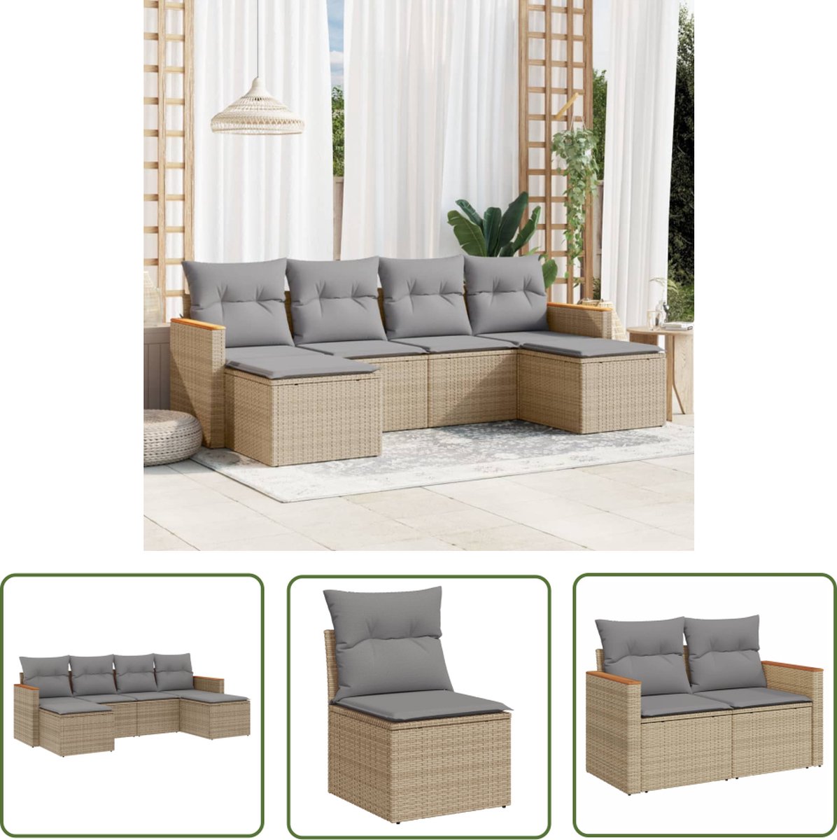 The Living Store 6-delige Loungeset met kussens poly rattan gemengd beige - Loungeset - Tuinset - Loungemeubels - Buitendecoratie - Garden Furniture