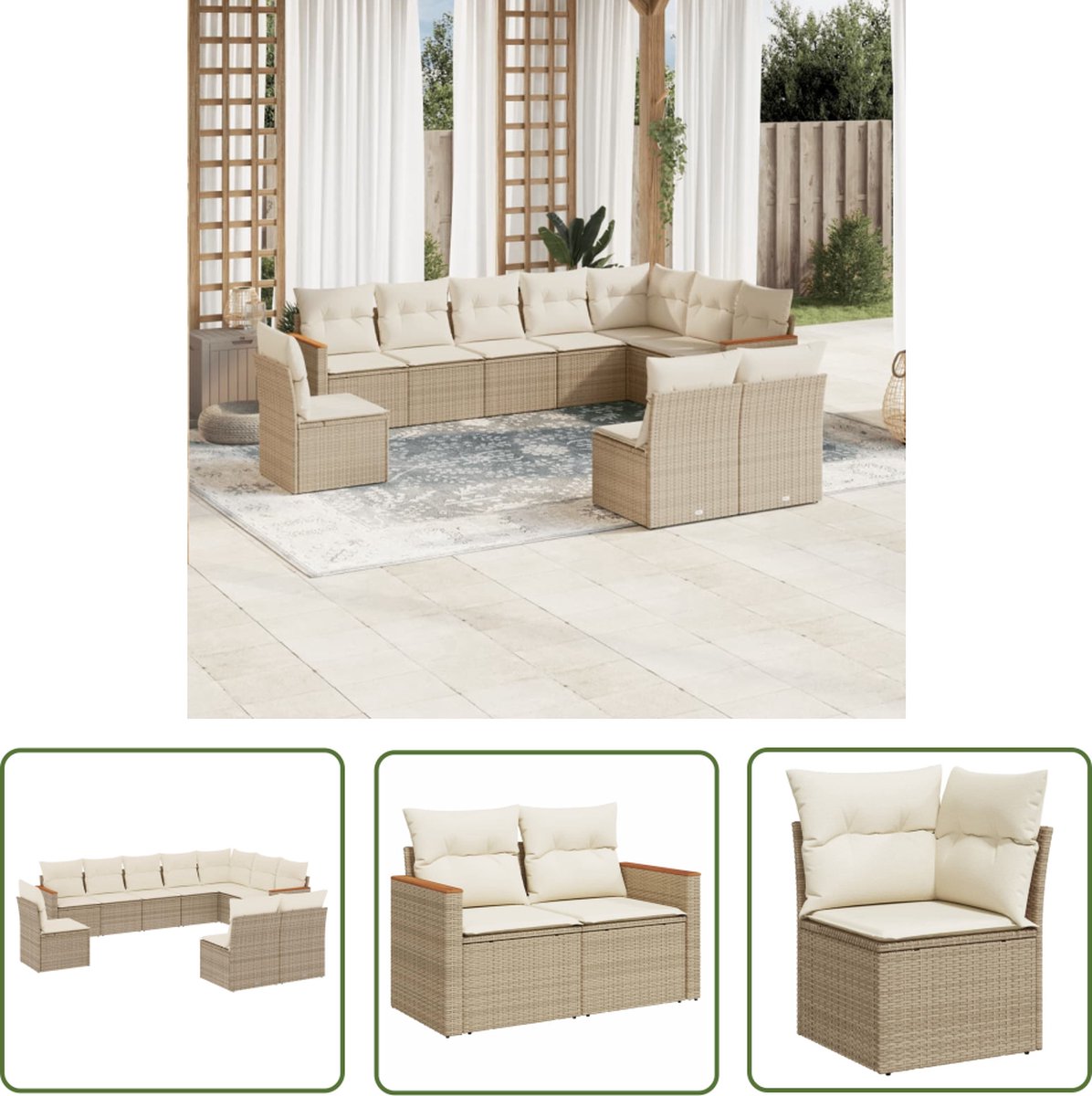 Poly rattan loungeset in beige met kussens - Tuinmeubilair - Buitendecoratie
