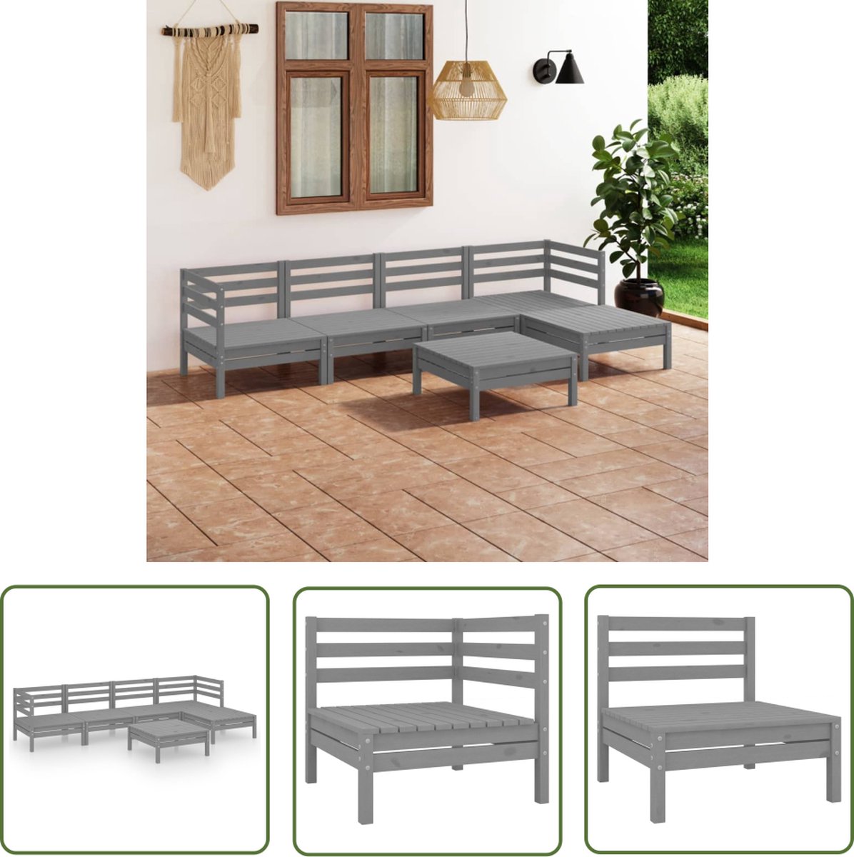 The Living Store 6-delige Loungeset massief grenenhout grijs - Tuinstoel - Lounge Set - Buitentijnen - Hout - Grijze Stoffering