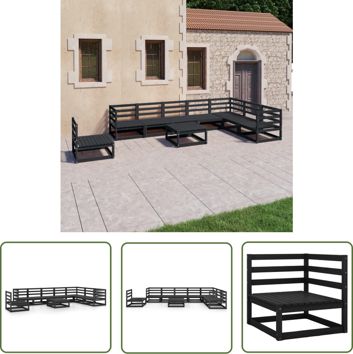 Zwart massief grenenhouten loungeset voor buiten - The Living Store.