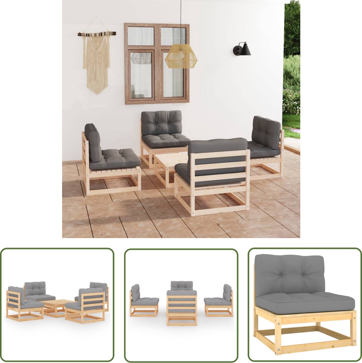 The Living Store 5-delige Loungeset met kussens massief grenenhout - Tuinmeubel - Lounge Set - Buitenkamer - Houten Bank - Teak Meubel