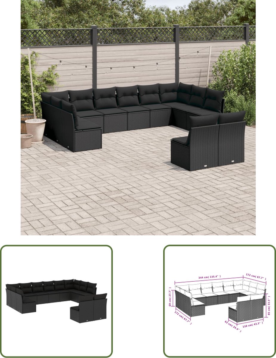 The Living Store 12-delige Loungeset met kussens poly rattan zwart - Loungeset - Tuinset - Buitameubels - Pe Rattan - Modulair Lounge Set