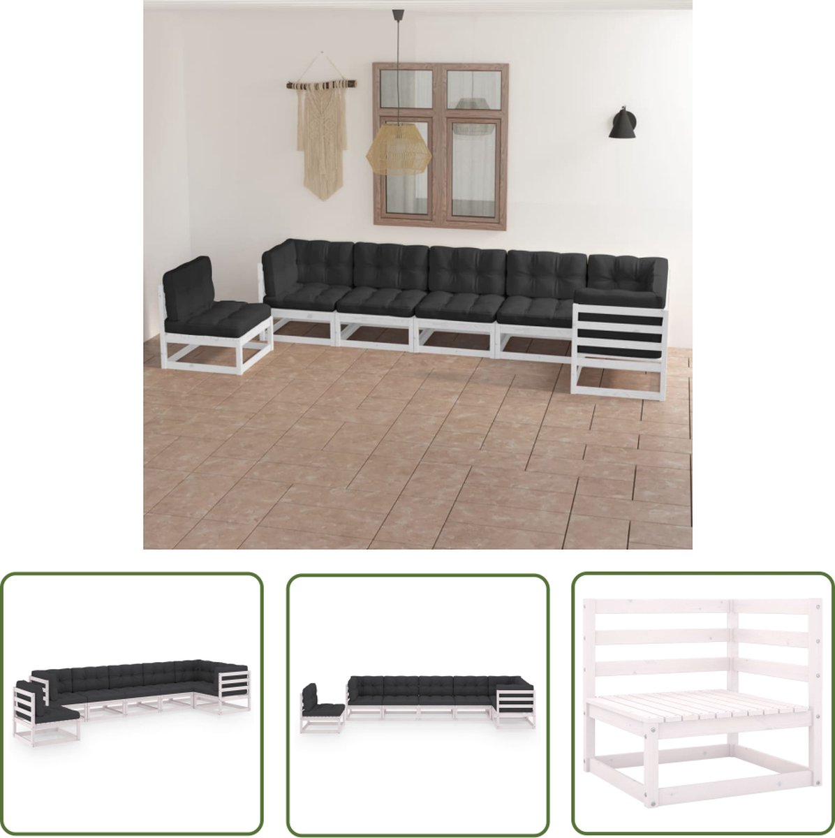 The Living Store 7-delige Loungeset met kussens massief grenenhout - Tuinmeubel - Lounge Set - Houten Bank - Grenenhout - Witte Loungestoel