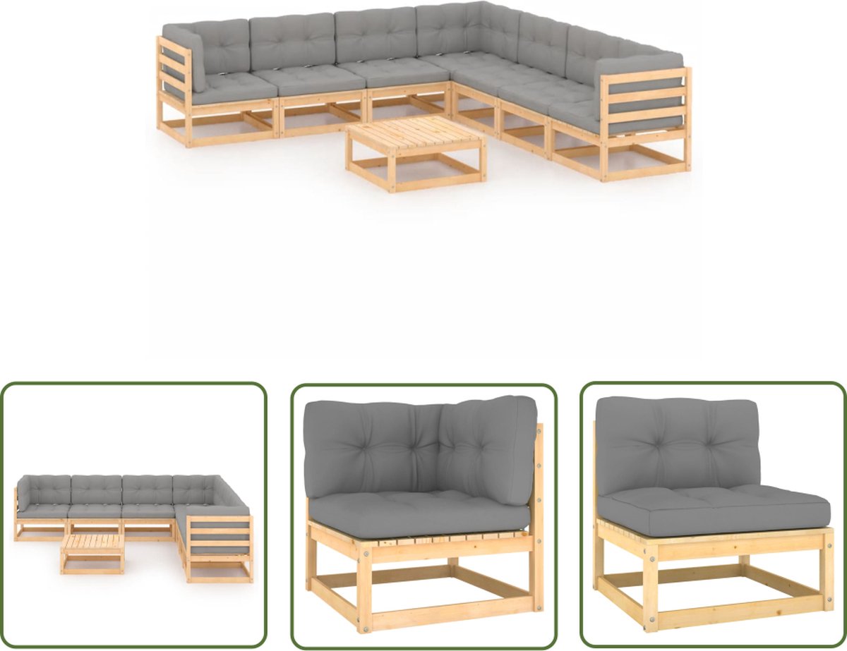 Tuinmeubilair loungeset van massief grenenhout met kussens.