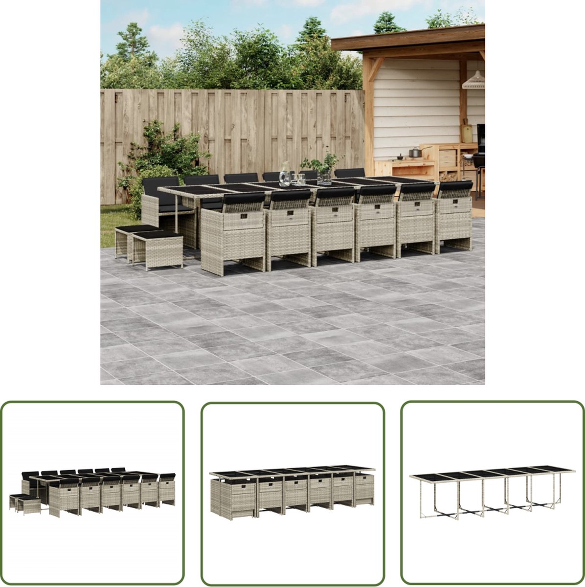 17-delige Tuinset met kussens poly rattan in lichtgrijs - Buitendecoratie - Lounge Set
