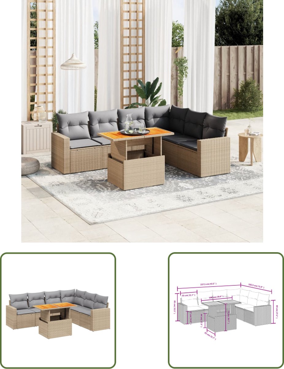 The Living Store 7-delige Loungeset met kussens poly rattan beige - Loungeset - Tuinset - Buitendecoratie - Lounge Set - PE-rattan