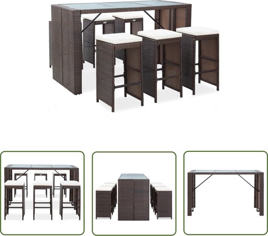 Ensemble de bar de jardin en Poly rotin The Living Store - 185x80x110 cm - Marron - Blanc crème - Résistant aux intempéries - Acier enduit de poudre