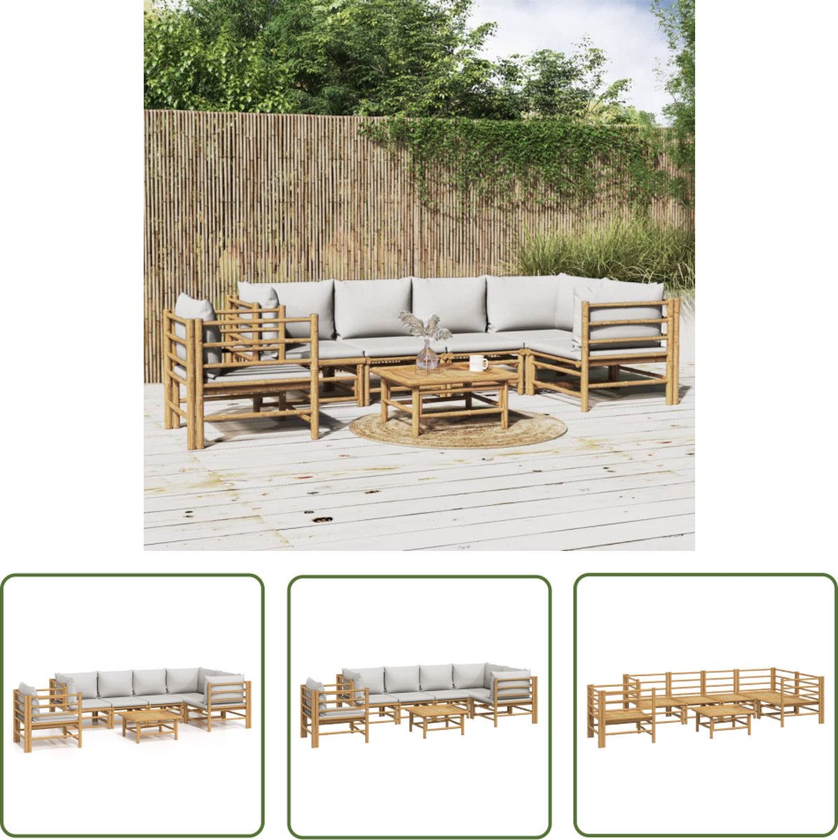 The Living Store 7-delige Loungeset met lichtgrijze kussens bamboe - Bamboetuinset - Lounge Set - Buis Meubel - Outdoor Furniture - Tuin Bank