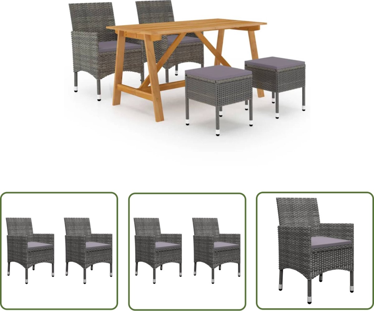 Moderne grijze tuinset met eetkamerstoelen en tafel van acaciahout - buitenmeubilair.