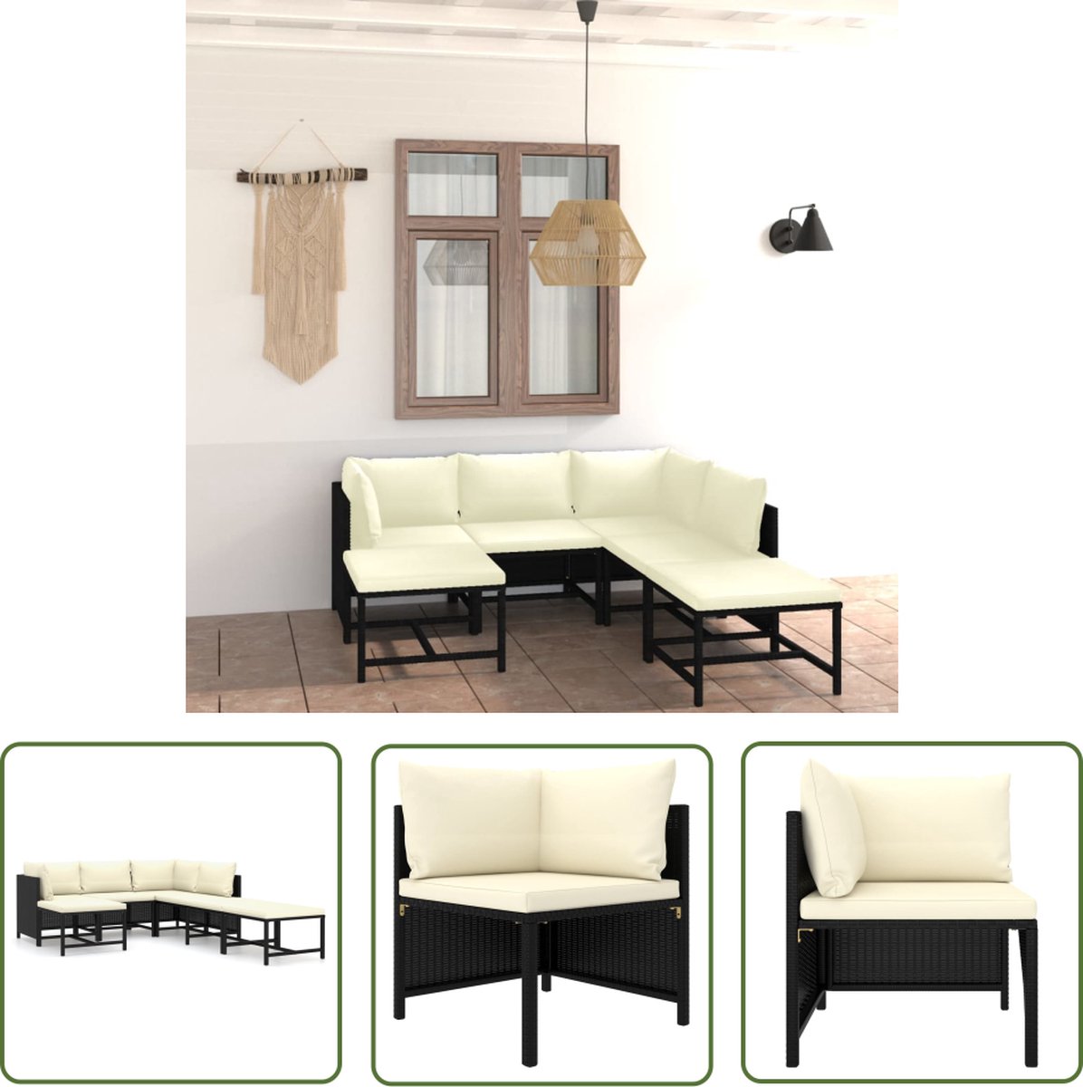 The Living Store 7-delige Loungeset met kussens poly rattan zwart - Loungeset - Tuinset - Tuinmeubilair - Outdoor Meubilering - Zwarte Loungestoel