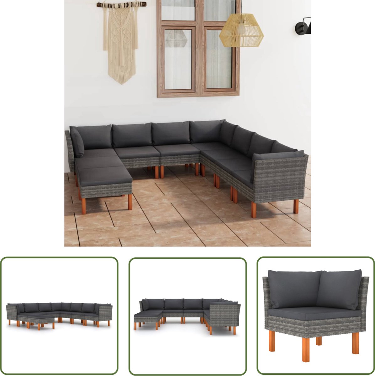 The Living Store 9-delige Loungeset met kussens poly rattan grijs - Loungestoel - Lounge Set - Buitendecor - Tuinstoel - Loungebank