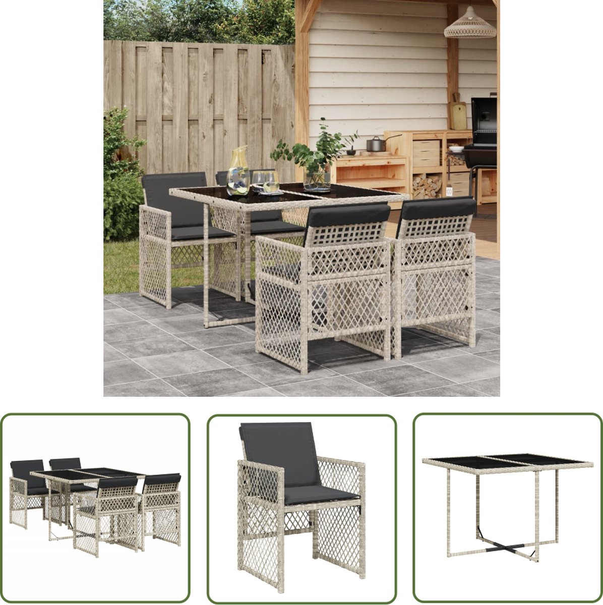 The Living Store 5-delige Tuinset met kussens poly rattan lichtgrijs - Tuinset - Buitentafel - Lounge Set - Eetkamerset - Ratan Meubels